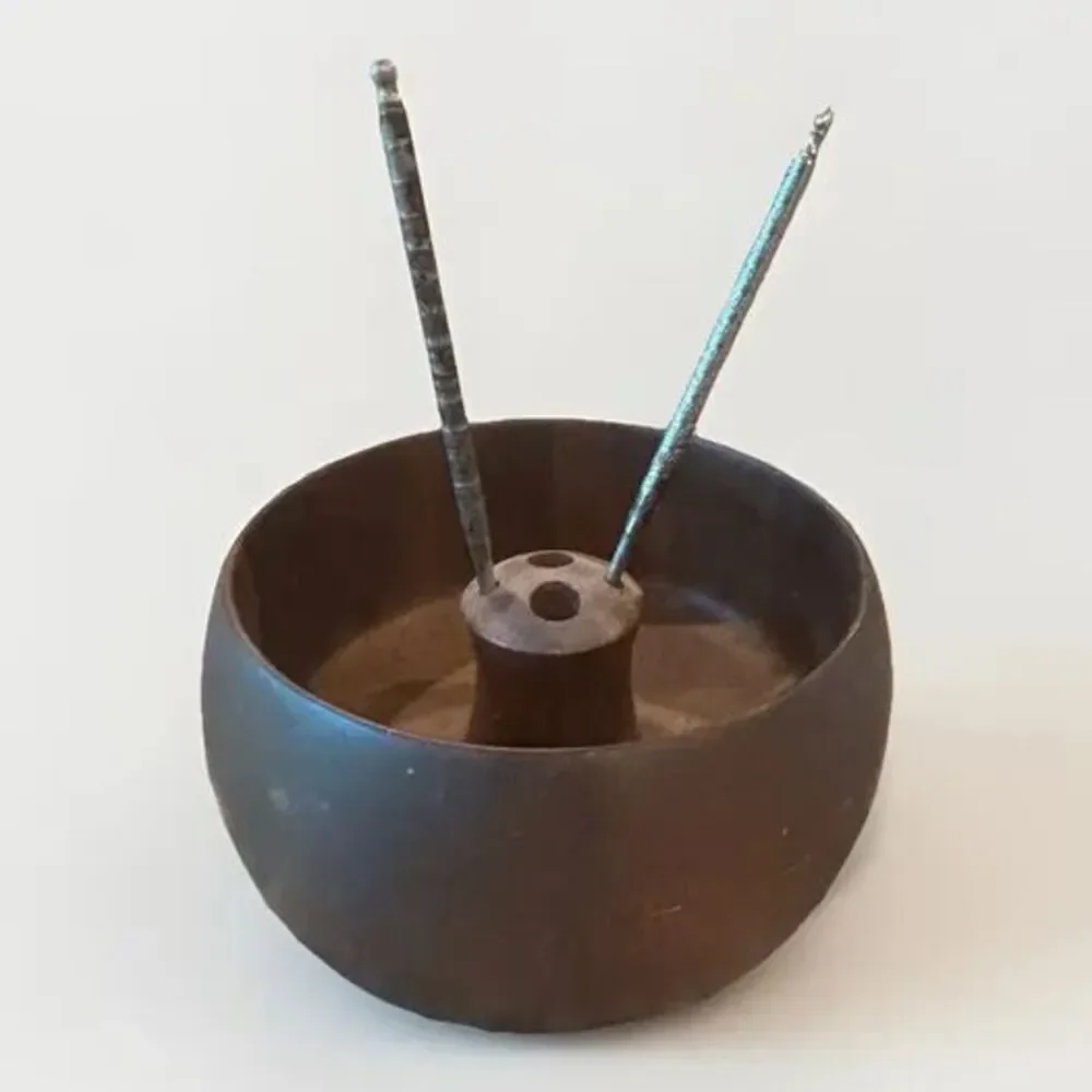Vintage Mid Century Solid Walnut Nut Bowl Set with Metal Picks #510 Independent